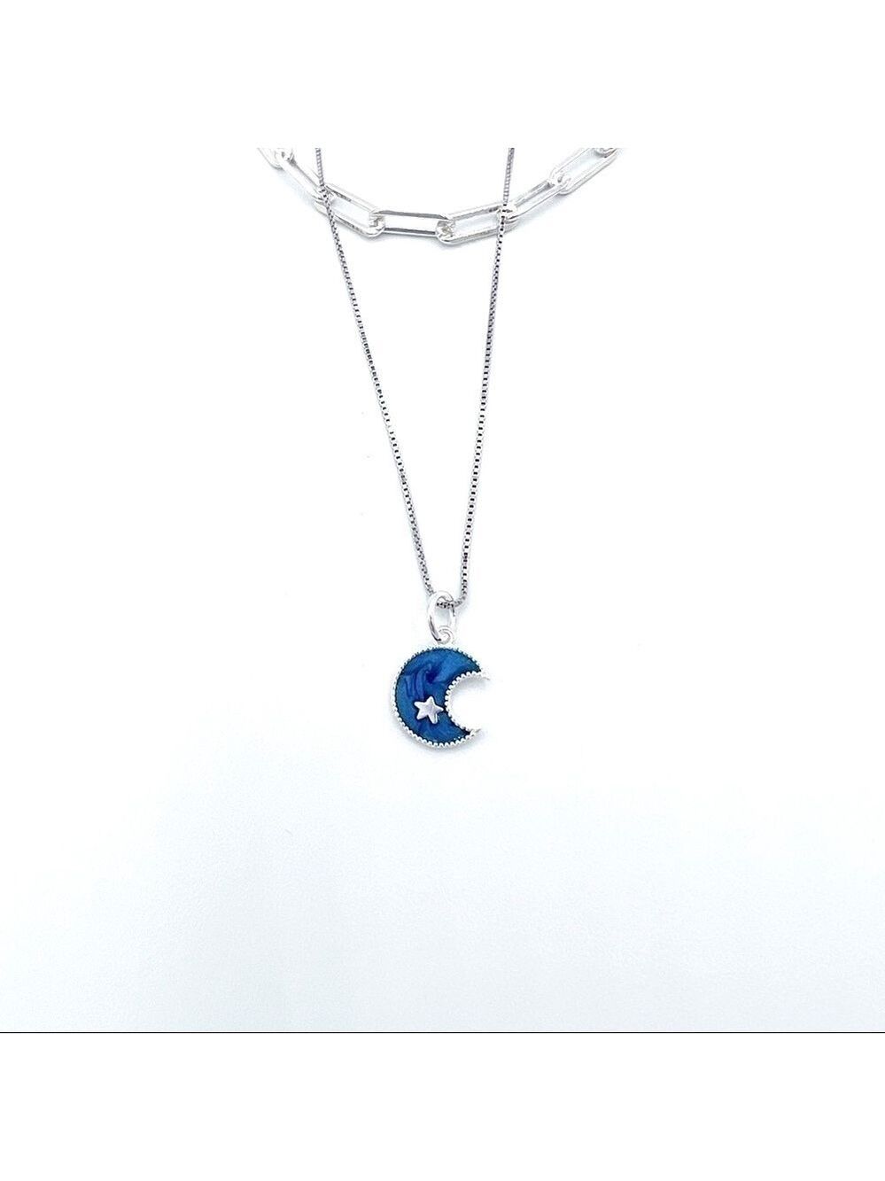 𝅺STERLING silver rope and paperclip chains with turquoise enamel moon